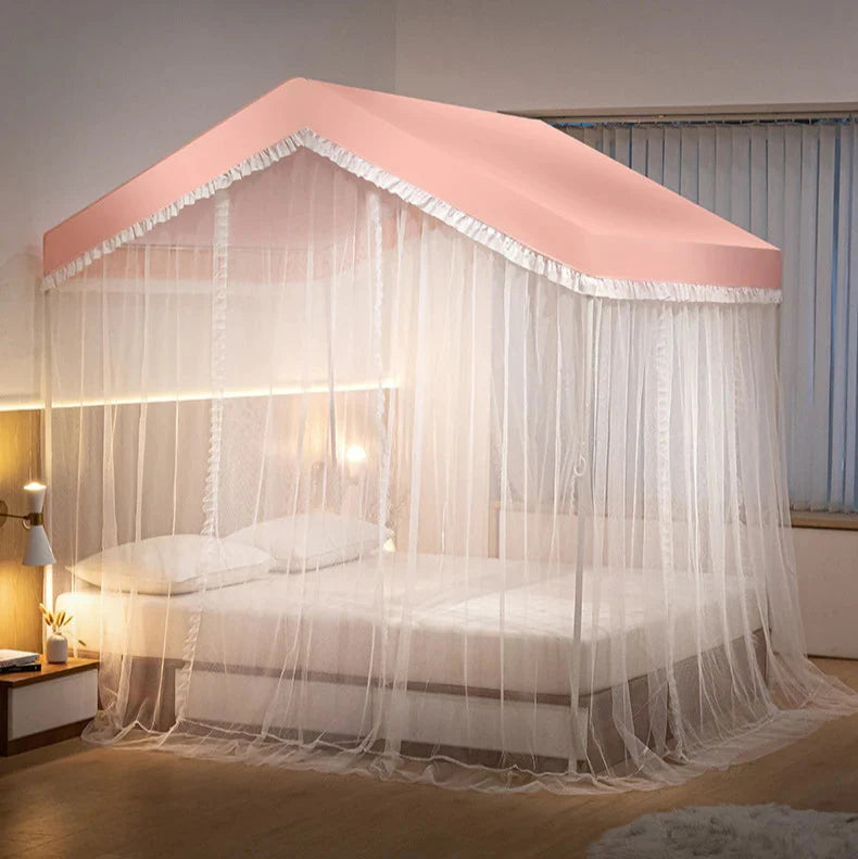 ciel de lit baldaquin princesse rose - moustiquaire forme cabane avec cadre solide | DreamyNest™